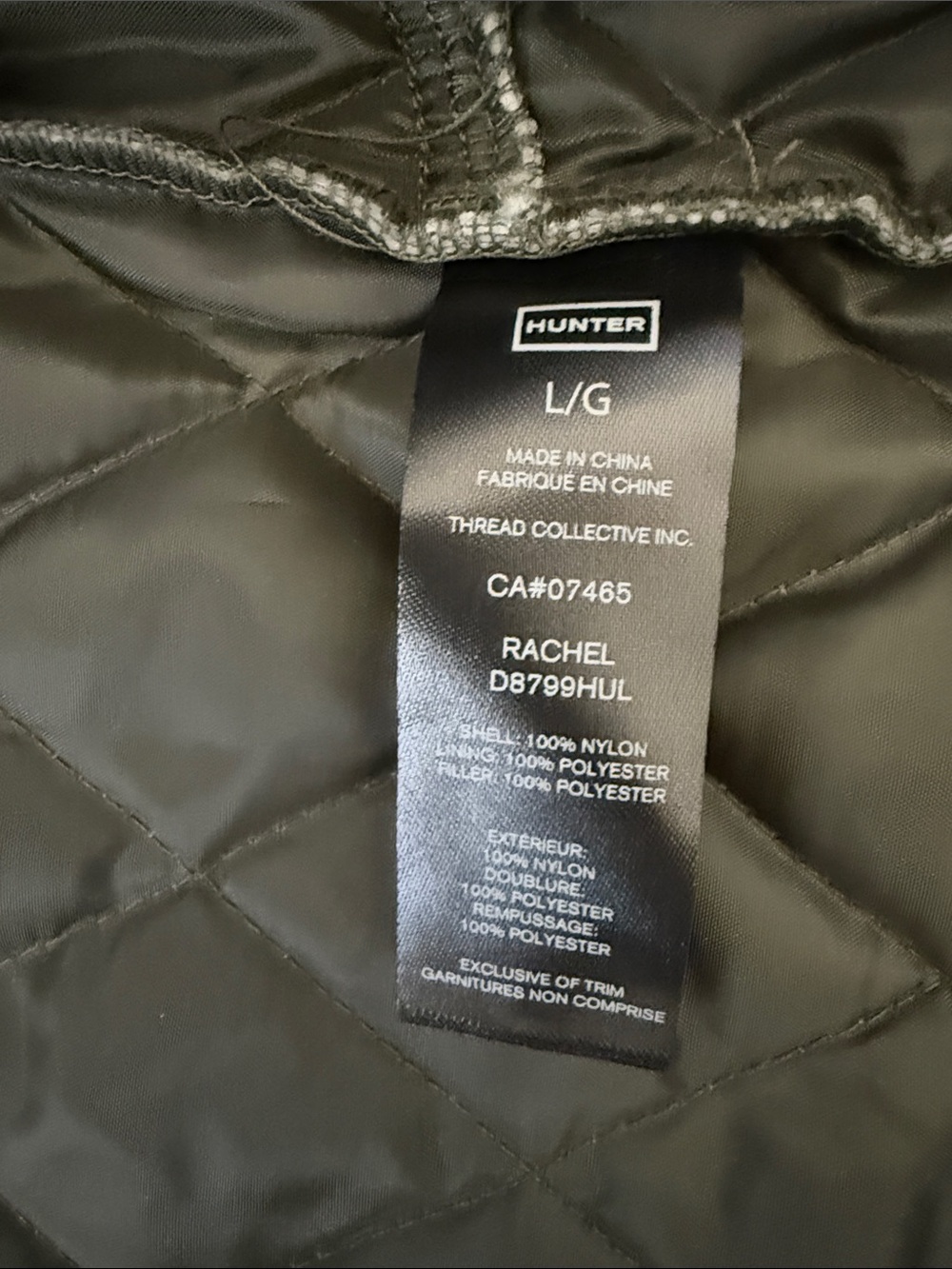 Hunter Quilted Olive Green Rachel jacket with Brown Corduroy Collar - Picture 9 of 10